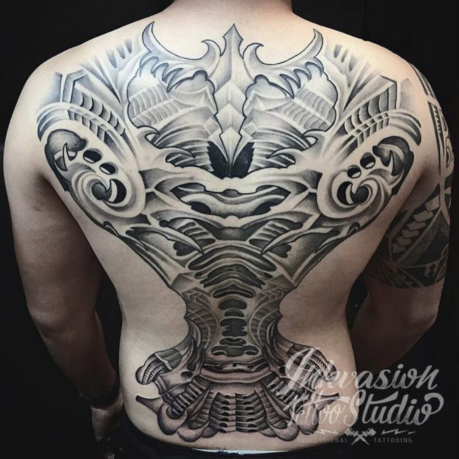 Biomech Full Back Tattoo