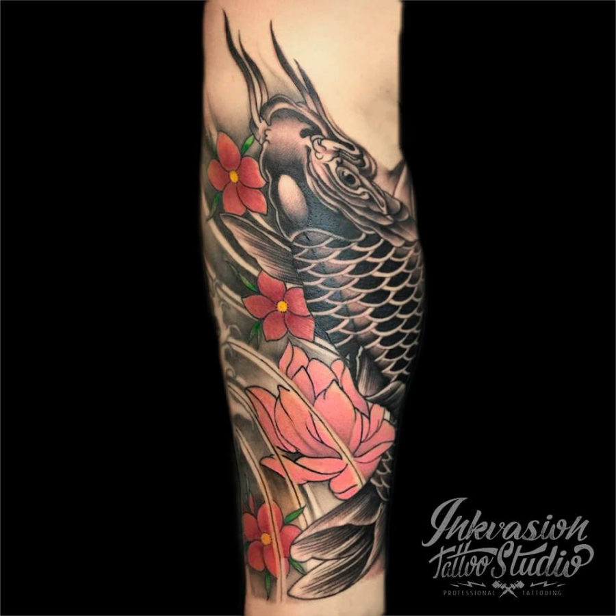 Koi Fish With Lotus Tattoo