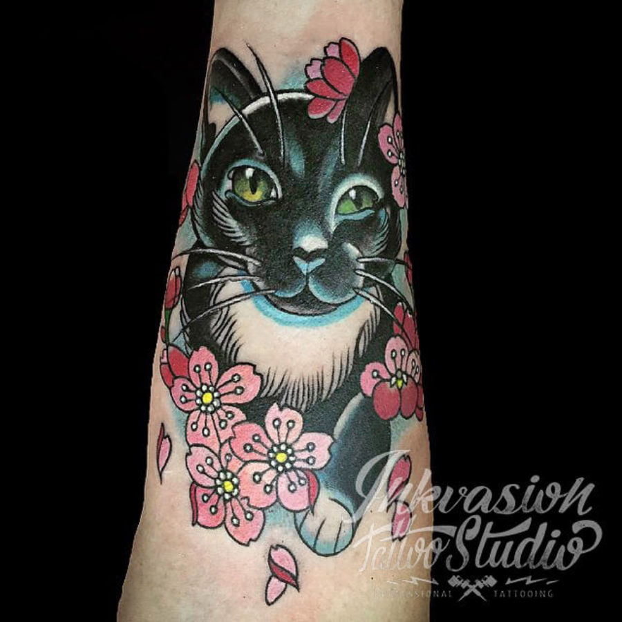 Cat With Cherry Blossom Tattoo