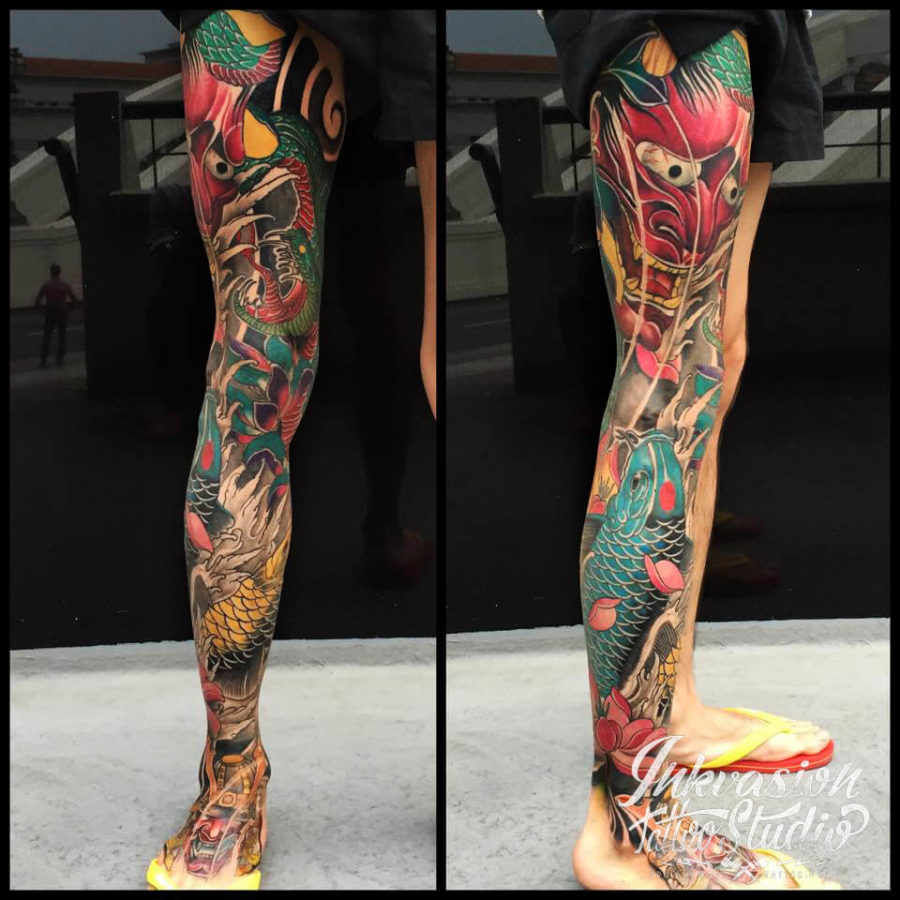 Japanese Hannya Koi Full Leg Tattoo
