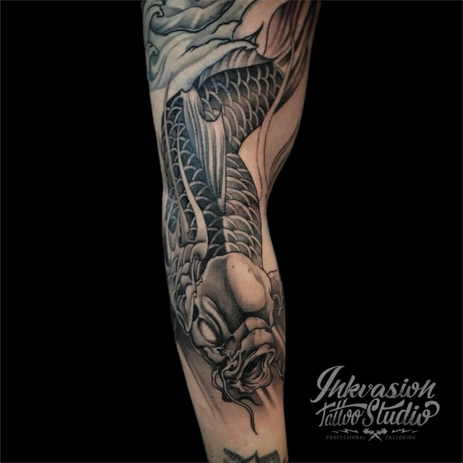 Black & Grey Koi Fish Tattoo