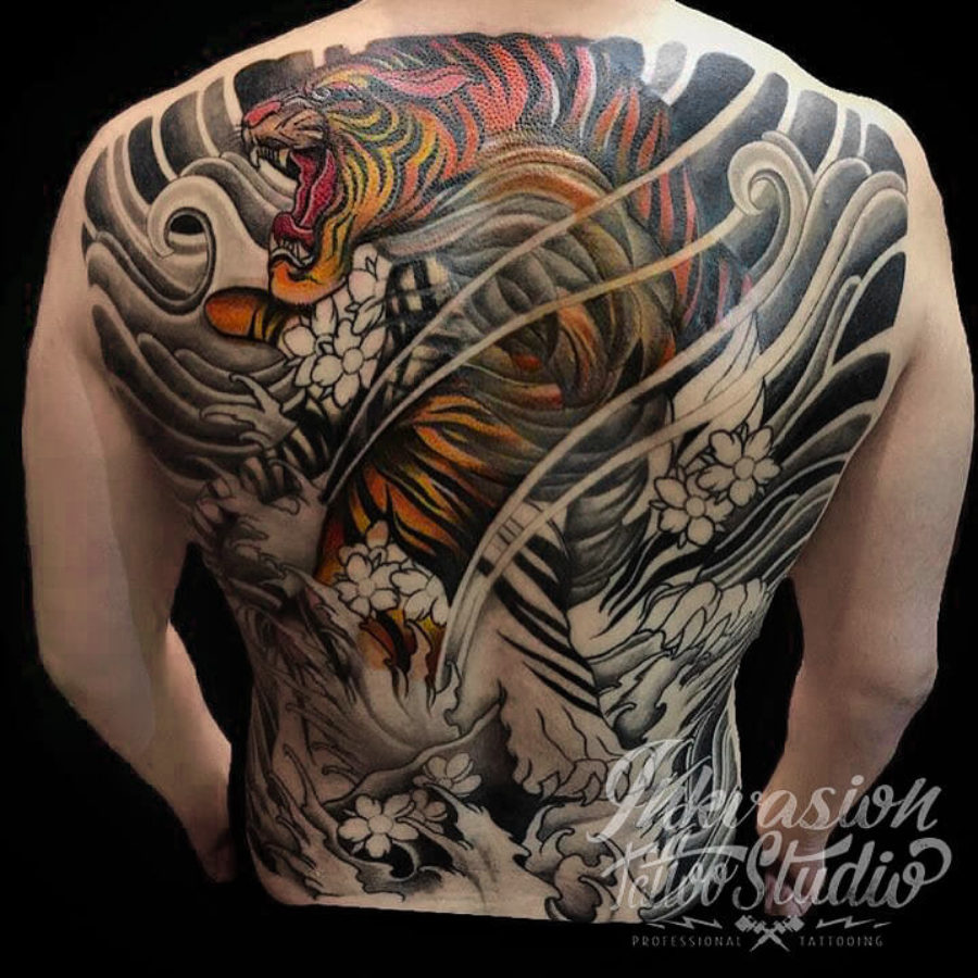 Japanese Tiger Full Back Tattoo