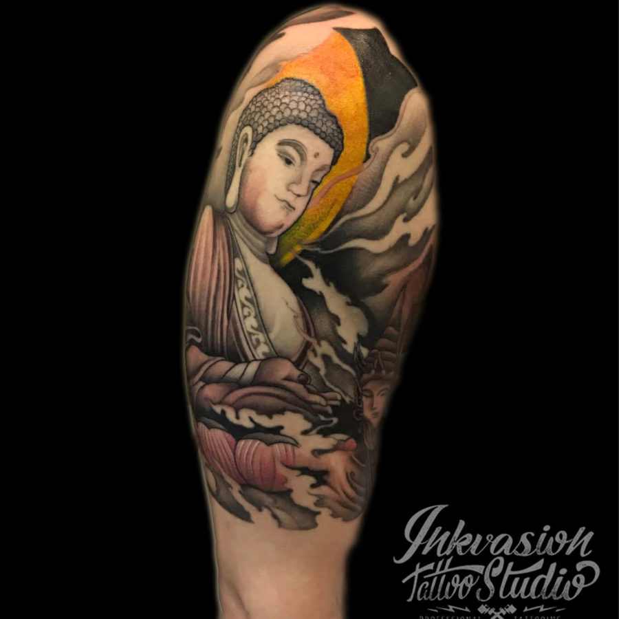 Oriental Buddha Half Sleeve Tattoo