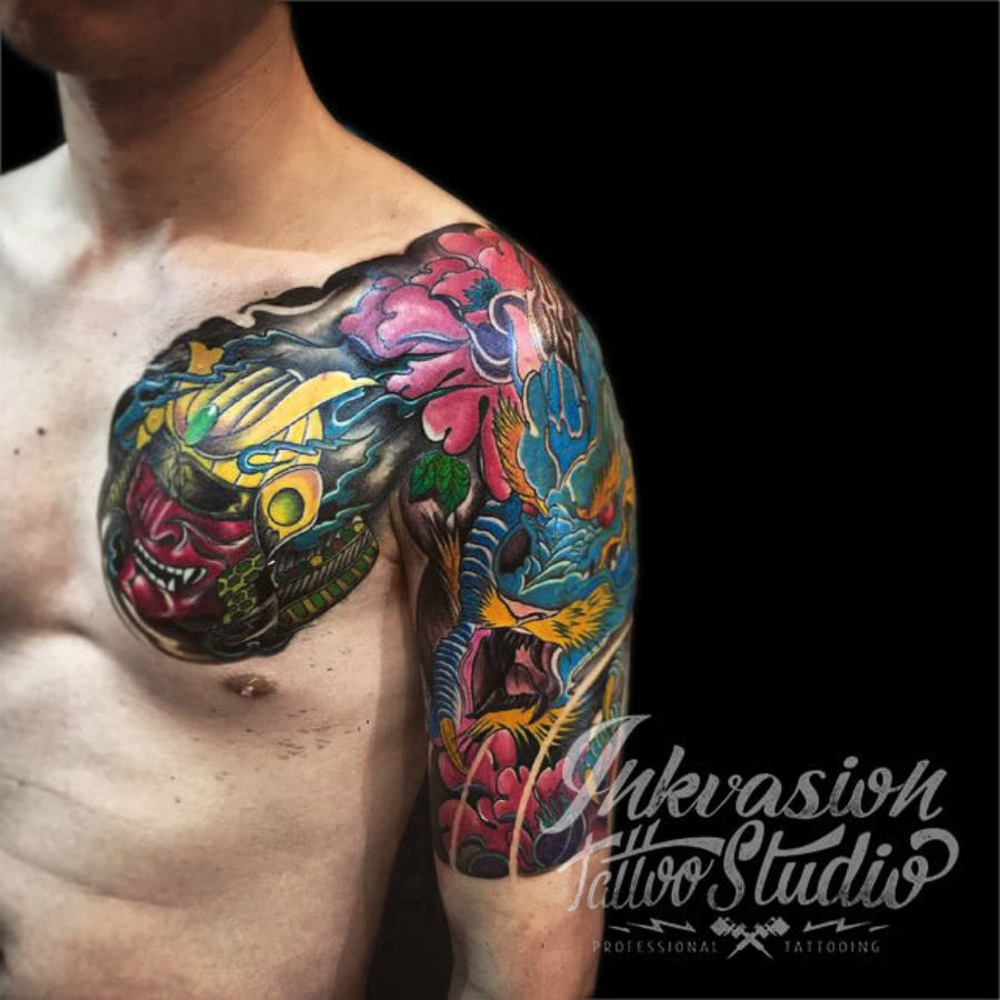 Japanese Dragon Half Sleeve With Kabuto Mask Chest Tattoo
