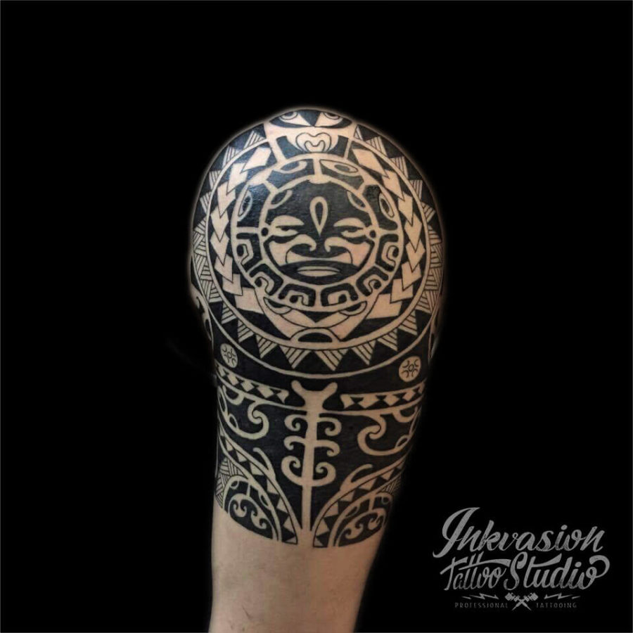 Polynesian With Tiki Mask Tattoo