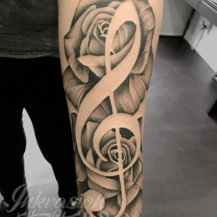 Treble Clef Rose Tattoo
