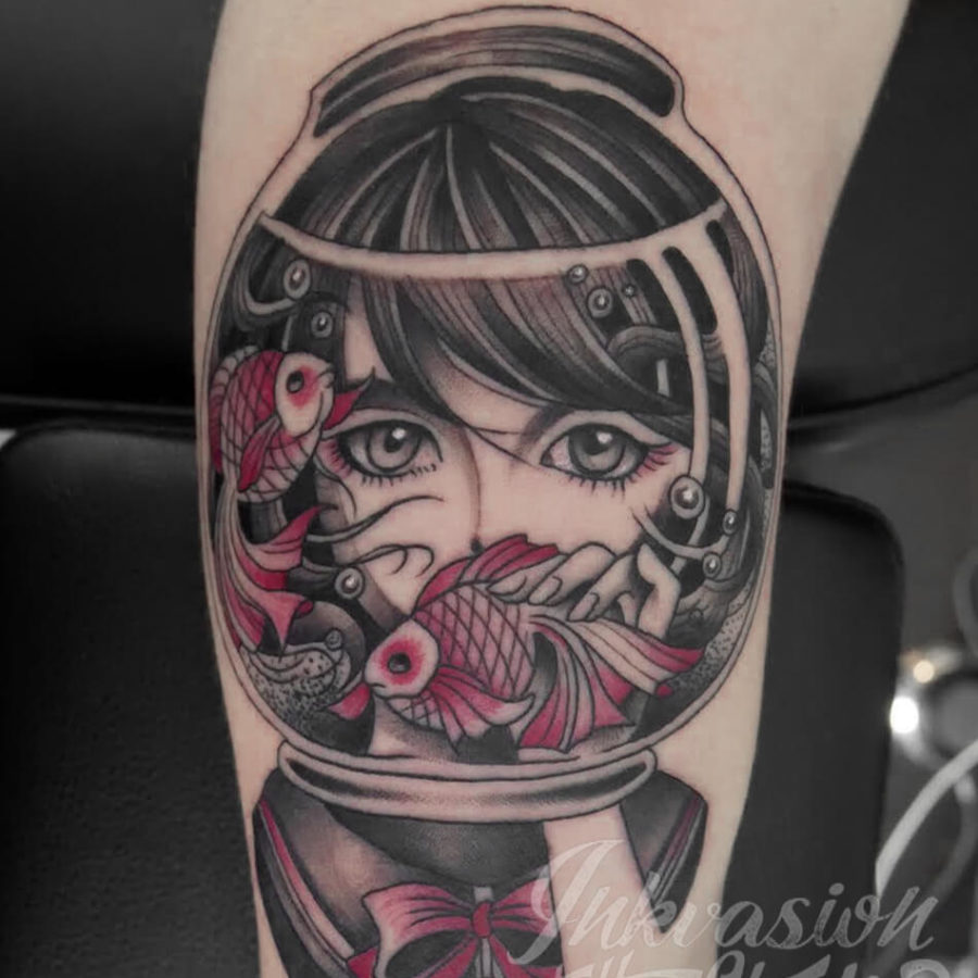 Anime Girl In A Goldfish Bowl Tattoo