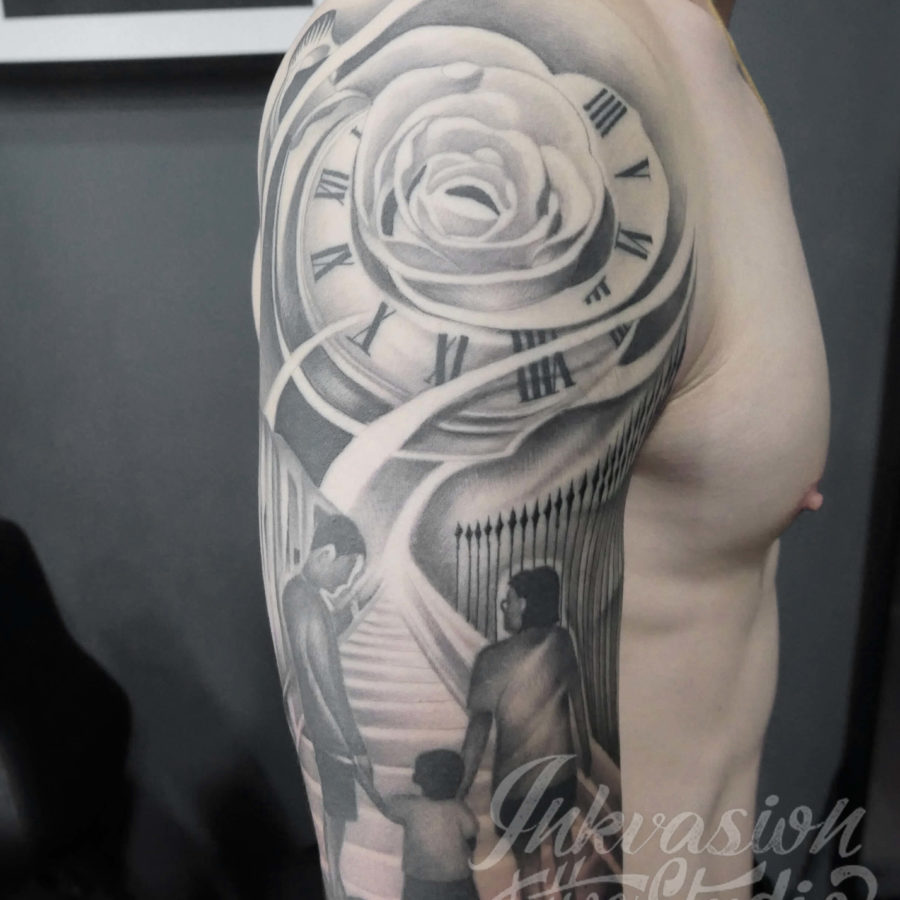 Family Silhouette With Rose Clock Tattoo