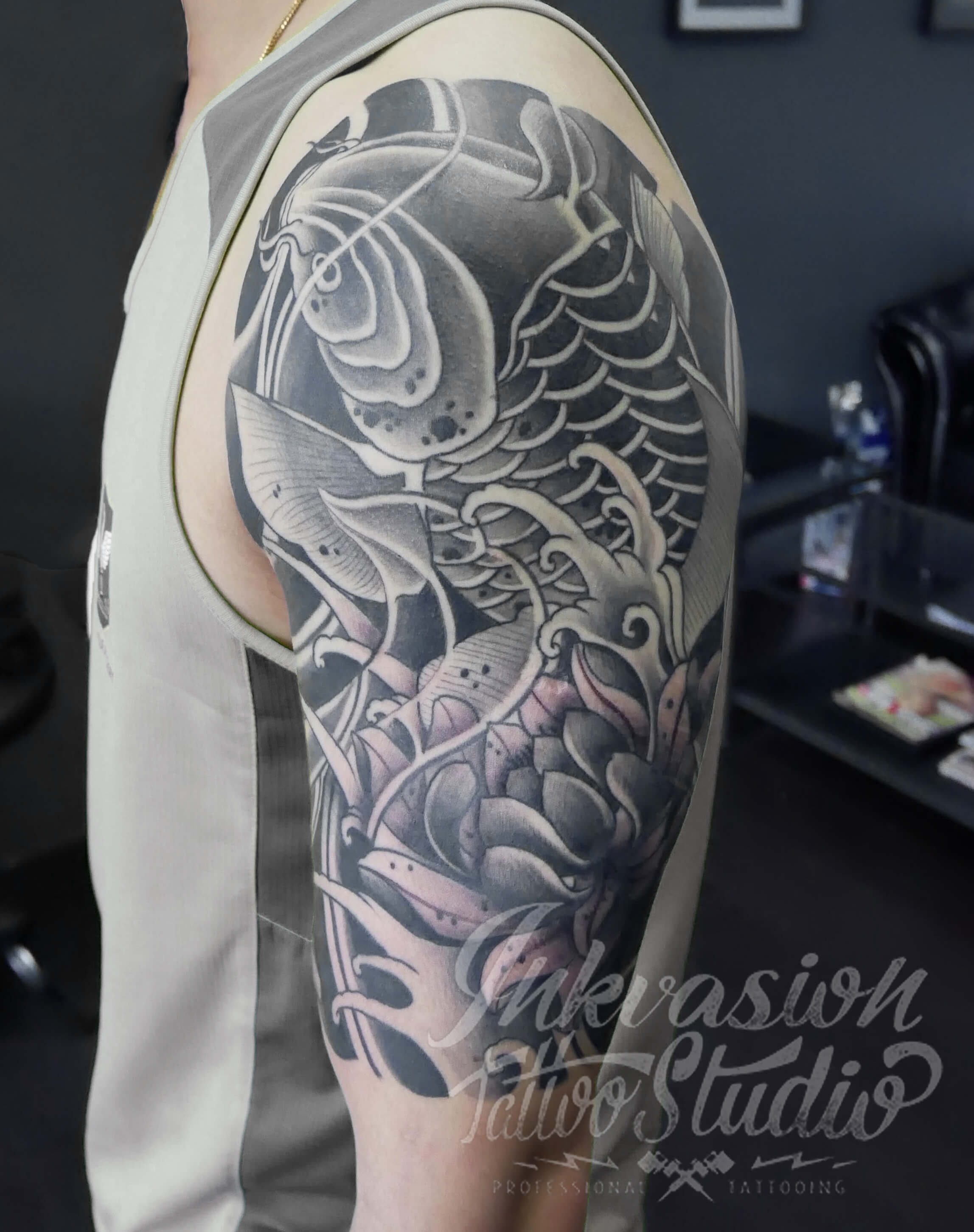 Japanese Koi With Lotus Half Sleeve – INKVASION Tattoo Studio · SINGAPORE