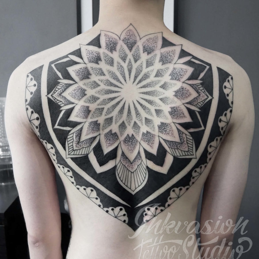Dotwork Mandala Back Piece Tattoo