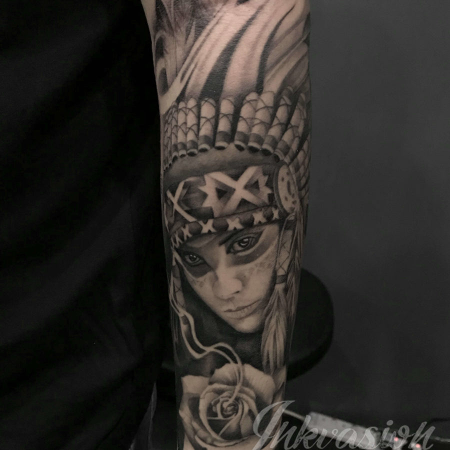 Red Indian Girl With Rose Tattoo